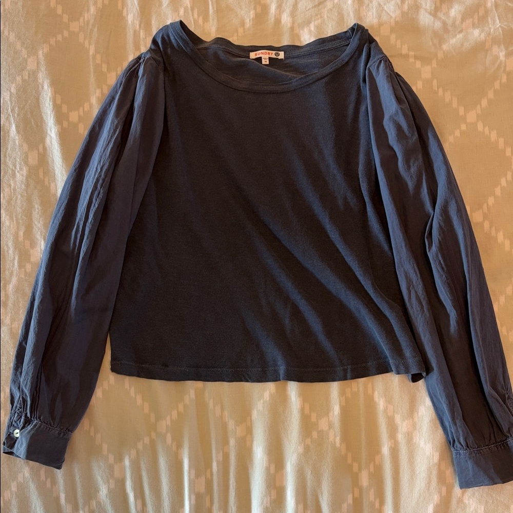 Sundry Navy Blue Long Sleeve Top with Puff Sleeves